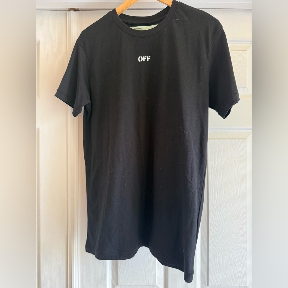 Off-White Black T-Shirt w/ Small White 'OFF' Chest Logo Blue Skull Flame Medium